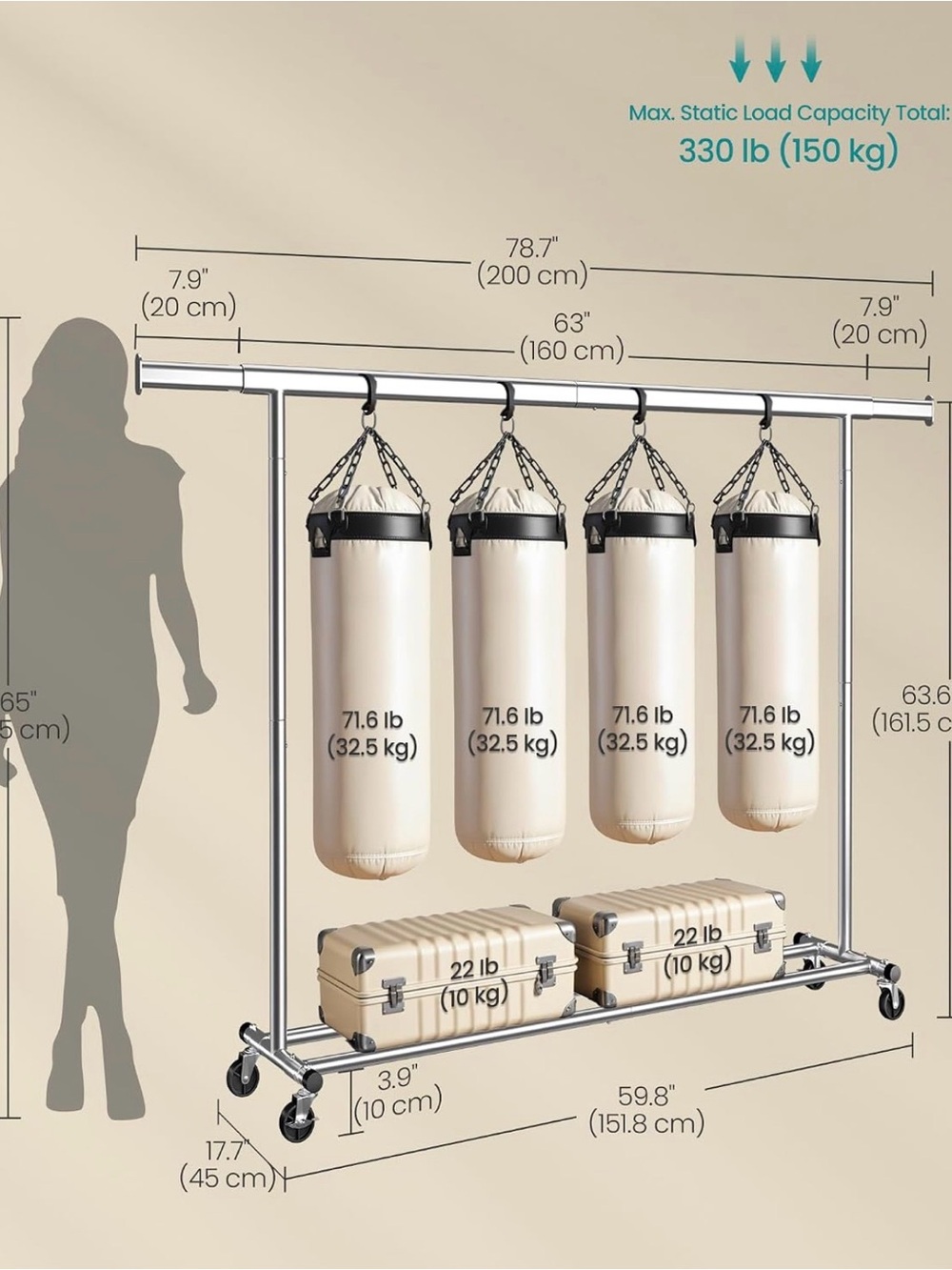 Adjustable Rolling Garment Rack - Chrome Finish - Picture 2 of 3